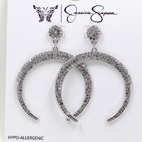 Jessica Simpson Push Back Silver Tone Clear Stone Dangle Pierced Earrings - Picture 1 of 12